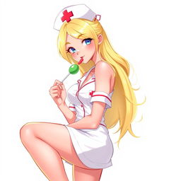 A 2D illustration of a beautiful nurse in a playful pose, holding a lollipop to her mouth