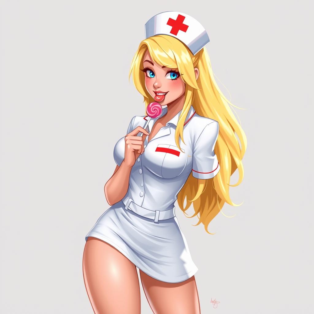 A 2D illustration of a beautiful nurse in a playful pose, holding a lollipop to her mouth