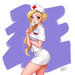 A 2D illustration of a beautiful nurse in a playful pose, holding a lollipop to her mouth