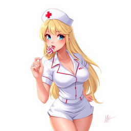 A 2D illustration of a beautiful nurse in a playful pose, holding a lollipop to her mouth