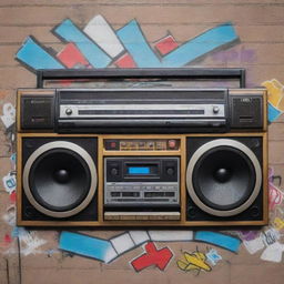 A vintage style boombox, cassette tapes scattered around, and graffiti wall art representing old school rap culture.