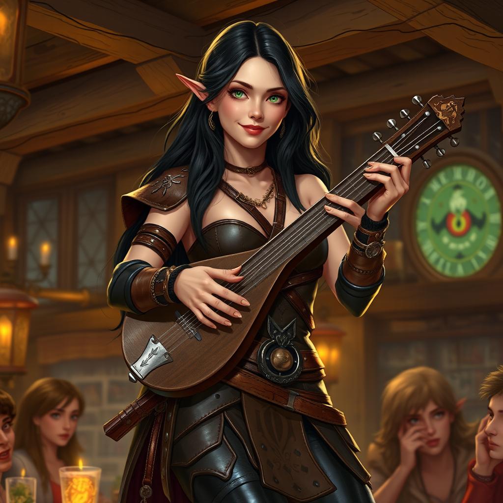 A half-elf bard with long, dark hair and striking green eyes