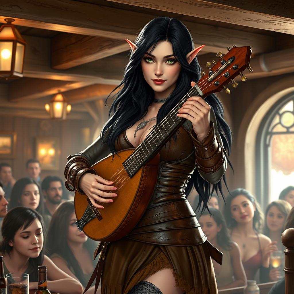 A half-elf bard with long, dark hair and striking green eyes