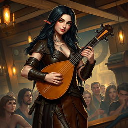 A half-elf bard with long, dark hair and striking green eyes