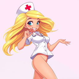 A 90s animation style illustration of a beautiful nurse in a playful and dynamic pose, holding a lollipop near her mouth