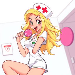 A 90s animation style illustration of a beautiful nurse in a playful and dynamic pose, holding a lollipop near her mouth