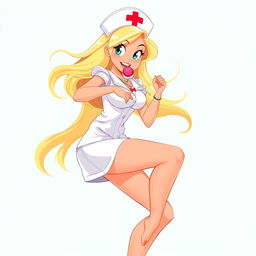 A 90s animation style illustration of a beautiful nurse in a playful and dynamic pose, holding a lollipop near her mouth