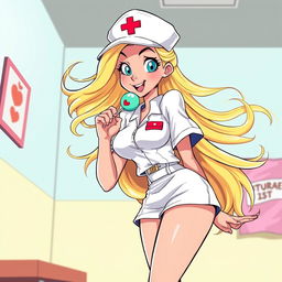 A 90s animation style illustration of a beautiful nurse in a playful and dynamic pose, holding a lollipop near her mouth