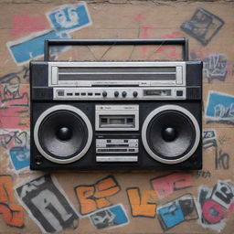 A vintage style boombox, cassette tapes scattered around, and graffiti wall art representing old school rap culture.