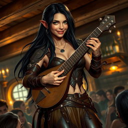 A half-elf bard with long, dark hair featuring small details of white strands and striking green eyes