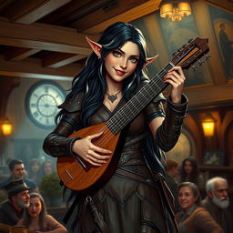 A half-elf bard with long, dark hair featuring small details of white strands and striking green eyes