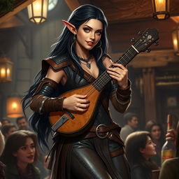 A half-elf bard with long, dark hair featuring small details of white strands and striking green eyes