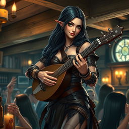 A half-elf bard with long, dark hair featuring small details of white strands and striking green eyes