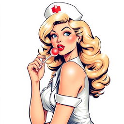 A retro-style illustration of a stunning nurse in a playful pose, suggestively holding a lollipop near her lips