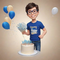 A 3D chibi style image of a cheerful young man with dark brown hair, brown eyes, thin frame glasses, wearing blue jeans and a t-shirt, holding a cake with the name 'Kevin'. Celebratory metallic streamers and colored confetti in navy colors set against a light beige background.