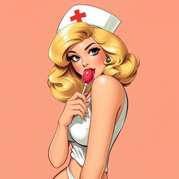 A retro-style illustration of a stunning nurse in a playful pose, suggestively holding a lollipop near her lips