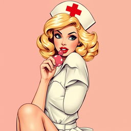 A retro-style illustration of a stunning nurse in a playful pose, suggestively holding a lollipop near her lips