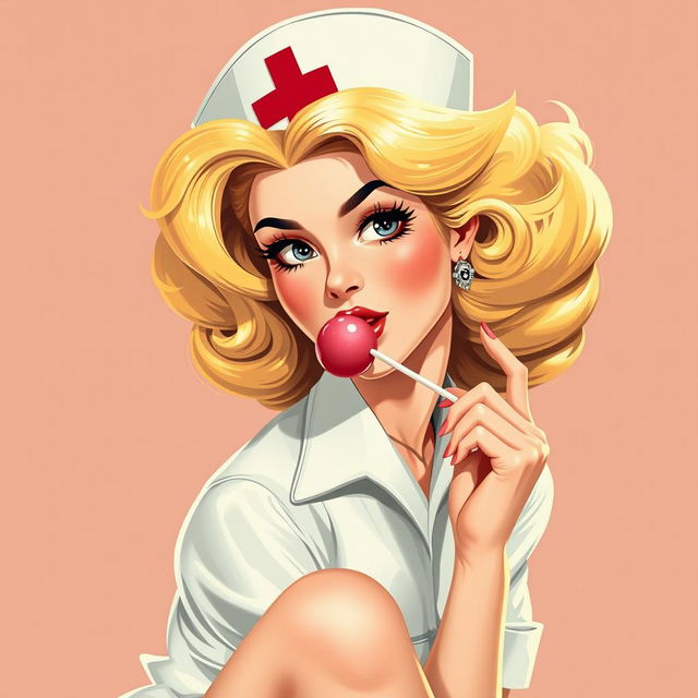 A retro-style illustration of a stunning nurse in a playful pose, suggestively holding a lollipop near her lips