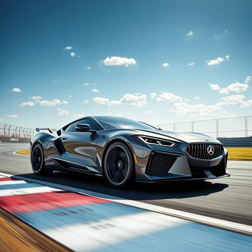 A futuristic sports car on a racetrack with a sharp nose design instead of traditional grills