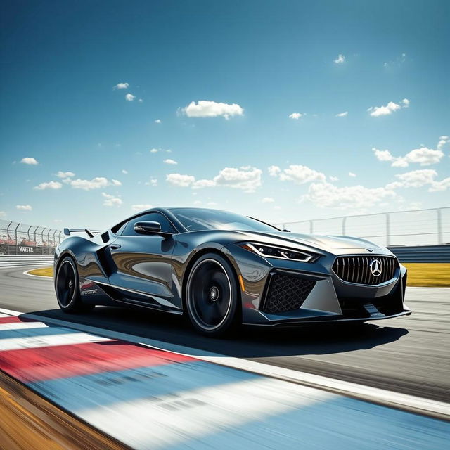 A futuristic sports car on a racetrack with a sharp nose design instead of traditional grills