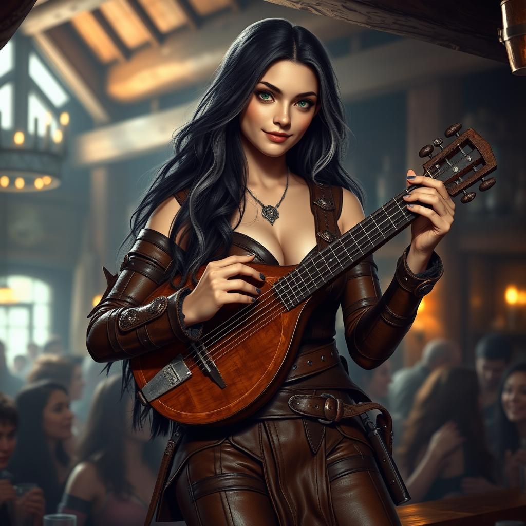 A full-body portrait of a half-elf bard with long, dark hair featuring subtle white strands and striking green eyes