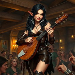 A full-body portrait of a half-elf bard with long, dark hair featuring subtle white strands and striking green eyes