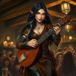 A full-body portrait of a half-elf bard with long, dark hair featuring subtle white strands and striking green eyes