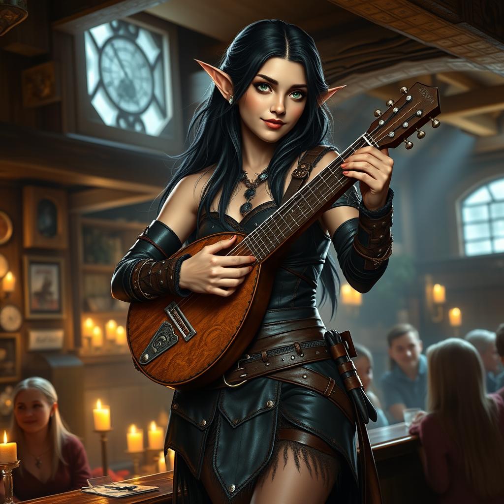 A full-body portrait of a half-elf bard with long, dark hair featuring subtle white strands and striking green eyes