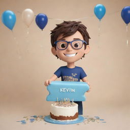 A 3D chibi style image of a cheerful young man with dark brown hair, brown eyes, thin frame glasses, wearing blue jeans and a t-shirt, holding a cake with the name 'Kevin'. Celebratory metallic streamers and colored confetti in navy colors set against a light beige background.