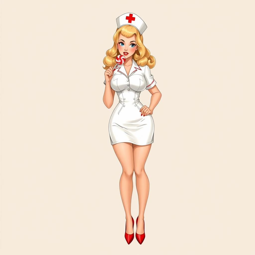 A full-body retro-style illustration of a stunning nurse playfully holding a lollipop to her lips