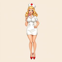 A full-body retro-style illustration of a stunning nurse playfully holding a lollipop to her lips