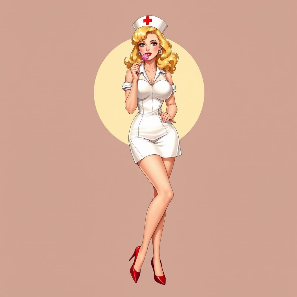 A full-body retro-style illustration of a stunning nurse playfully holding a lollipop to her lips