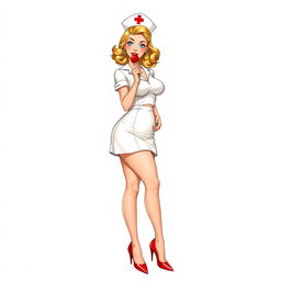 A full-body retro-style illustration of a stunning nurse playfully holding a lollipop to her lips