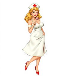 A full-body retro-style illustration of a stunning nurse playfully holding a lollipop to her lips