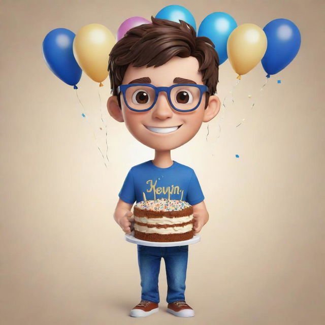 A 3D chibi style image of a cheerful young man with dark brown hair, brown eyes, thin frame glasses, wearing blue jeans and a t-shirt, holding a cake with the name 'Kevin'. Celebratory metallic streamers and colored confetti in navy colors set against a light beige background.