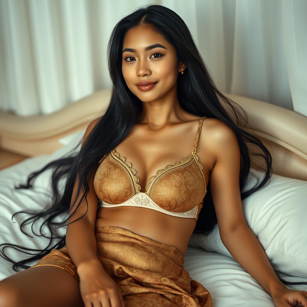 In a privately decorated room with soft white and light brown tones, a captivating 21-year-old woman is portrayed as an elegant Javanese queen