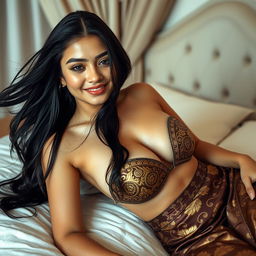 In a privately decorated room with soft white and light brown tones, a captivating 21-year-old woman is portrayed as an elegant Javanese queen