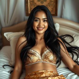 In a privately decorated room with soft white and light brown tones, a captivating 21-year-old woman is portrayed as an elegant Javanese queen