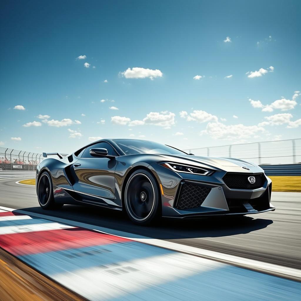 A futuristic sports car on a racetrack with a front nose design inspired by the Corvette C8