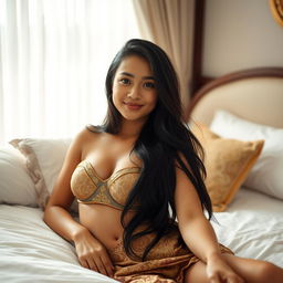 In a privately decorated room with soft white and light brown tones, a captivating 21-year-old woman is portrayed as an elegant Javanese queen