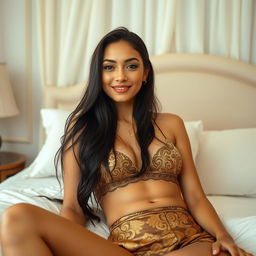 In a privately decorated room with soft white and light brown tones, a captivating 21-year-old woman is portrayed as an elegant Javanese queen