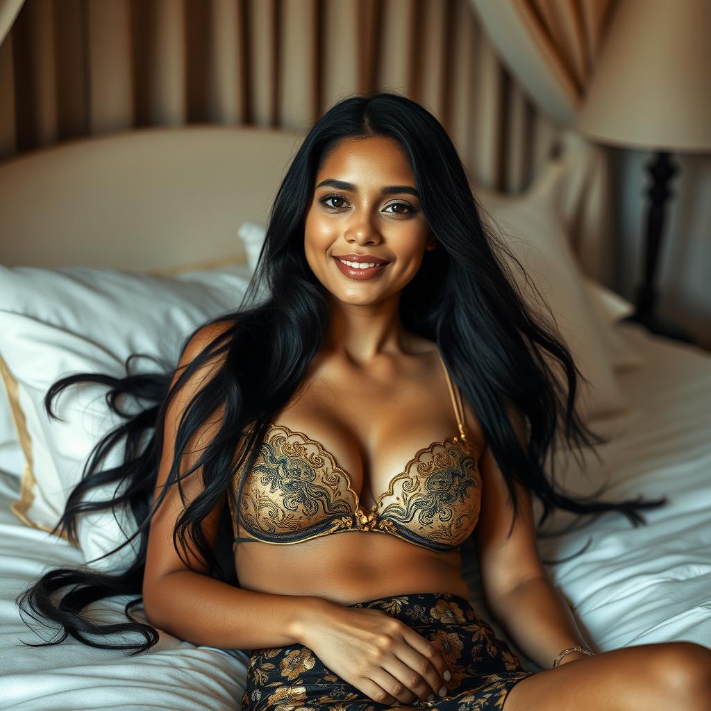 In a privately decorated room with soft white and light brown tones, a captivating 21-year-old woman is portrayed as an elegant Javanese queen