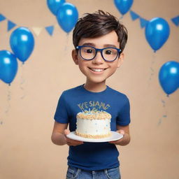 A 3D chibi style image of a cheerful young man with dark brown hair, brown eyes, thin frame glasses, wearing blue jeans and a t-shirt, holding a cake with the name 'Kevin'. Celebratory metallic streamers and colored confetti in navy colors set against a light beige background.