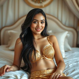 In an elegantly decorated private room with soft white and light brown tones, a captivating 21-year-old woman is portrayed as an elegant Javanese queen