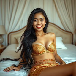 In an elegantly decorated private room with soft white and light brown tones, a captivating 21-year-old woman is portrayed as an elegant Javanese queen