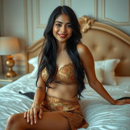 In an elegantly decorated private room with soft white and light brown tones, a captivating 21-year-old woman is portrayed as an elegant Javanese queen