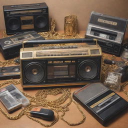 A collection of vintage items representing old school gangsta rap culture, including cassette tapes, chunky gold chains, graffiti, a microphone, and a boombox