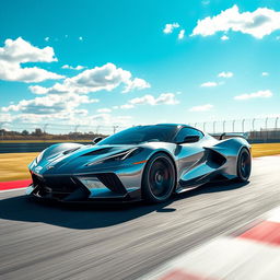 A visionary hybrid vehicle seamlessly combining the sleek, aerodynamic design of the Corvette C8 with the innovative and powerful features of the Mustang Mach-E 1400