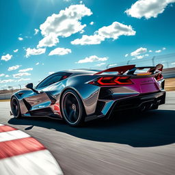 A visionary hybrid vehicle seamlessly combining the sleek, aerodynamic design of the Corvette C8 with the innovative and powerful features of the Mustang Mach-E 1400