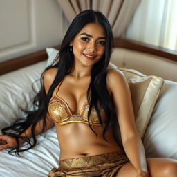 In a privately decorated room with soft white and light brown tones, a captivating 21-year-old woman is portrayed as an elegant Javanese queen